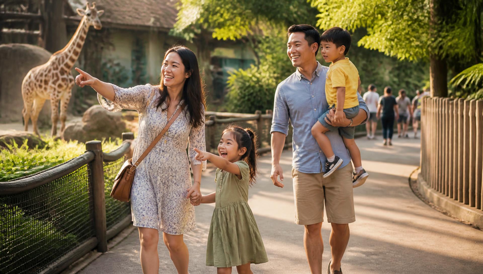 A family walking together at the zoo on a sunny day
